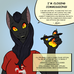 Size: 2039x2039 | Tagged: safe, artist:natt333, oc, chimera, fictional species, hybrid, anthro, 1:1, black body, black hair, clothes, commission info, digital art, ears, female, hair, high res, looking at you, shirt, solo, speech bubble, text, topwear