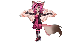 Size: 3094x1776 | Tagged: invalid tag, safe, oc, oc only, angel, canine, fictional species, fox, mammal, angel wings, boots, bottomwear, choker, clothes, dress, footwear, halo, implied death, implied suicide, paint tool sai, sad, shoes, trench coat, tribute