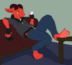 Size: 1680x1520 | Tagged: suggestive, artist:firebadger, demon, fictional species, imp, couch, edgy, fetish, flip flops, foot fetish, foot focus, foot on table, footprint, male, phone, relaxing, sole, toes