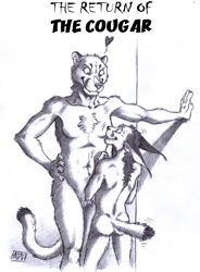 Size: 882x1200 | Tagged: suggestive, artist:0laffson, big cat, caracal, cougar, feline, mammal, anthro, breasts, featureless breasts, female, male, monochrome, nudity, size difference
