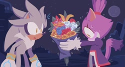 Size: 1346x729 | Tagged: safe, artist:giugabs, blaze the cat (sonic), silver the hedgehog (sonic), cat, feline, hedgehog, mammal, sega, sonic the hedgehog (series), 2022, blushing, bottomwear, bouquet, clothes, eyelashes, female, flower, fur, gloves, gold bracelet, hair, jacket, looking down, male, male/female, open mouth, pants, plant, ponytail, purple body, purple fur, shipping, silvaze (sonic), surprised, sweat, tail, topwear, white body, white fur, yellow eyes