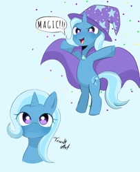 Size: 935x1150 | Tagged: safe, artist:trash-art06, trixie (mlp), equine, fictional species, mammal, pony, unicorn, friendship is magic, hasbro, my little pony, bipedal, cape, clothes, female, hat, headwear, horn, mare, trixie's cape, trixie's hat
