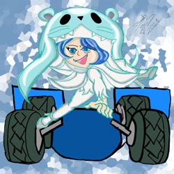 Size: 2048x2048 | Tagged: safe, artist:eus_zeol, fictional species, humanoid, digimon, 2021, :d, abstract background, clothes, driving, female, hat, headwear, kart, signature, sistermon ciel, smiling, solo, solo female, wingding eyes