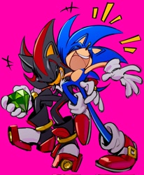 Size: 1690x2048 | Tagged: safe, artist:chaosrice, shadow the hedgehog (sonic), sonic the hedgehog (sonic), hedgehog, mammal, sega, sonic the hedgehog (series), 2024, black body, black fur, blue body, blue fur, chaos emerald, clothes, duo, duo male, eyes closed, footwear, full body, fur, gem, gloves, gold bracelet, happy, hug, male, male/male, males only, multicolored body, multicolored fur, open mouth, open smile, red body, red fur, shipping, shoes, simple background, smiling, sonadow (sonic), tail, teeth, two toned body, two toned fur