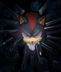 Size: 1630x1919 | Tagged: safe, artist:prxnce_07, shadow the hedgehog (sonic), hedgehog, mammal, sega, sonic the hedgehog (series), sonic the hedgehog movie, 2024, black body, black fur, fur, gun, keanu reeves (actor), looking at you, looking down, male, multicolored body, multicolored fur, red body, red eyes, red fur, solo, solo male, two toned body, two toned fur, weapon