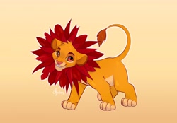 Size: 5500x3838 | Tagged: safe, artist:horitoy, simba (the lion king), big cat, feline, lion, mammal, feral, disney, the lion king, absurd resolution, bush, cub, fur, hair, leaf, male, mane, plant, red eyes, solo, yellow body, yellow fur, young, younger