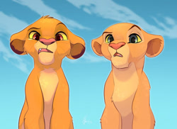 Size: 1280x931 | Tagged: safe, artist:horitoy, nala (the lion king), simba (the lion king), mammal, feral, disney, the lion king, blue sky, cub, duo, female, fur, green eyes, looking down, male, peach body, peach fur, pink nose, red eyes, yellow body, yellow fur, young, younger