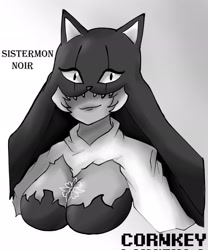 Size: 1705x2048 | Tagged: safe, artist:c0rnnnnnn, fictional species, humanoid, digimon, 2021, breasts, bust, cleavage, clothes, female, grayscale, hat, headwear, monochrome, simple background, sistermon noir (awake), smiling, solo, solo female, white background