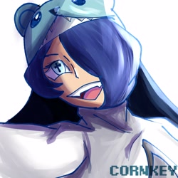 Size: 4000x4000 | Tagged: safe, artist:c0rnnnnnn, fictional species, humanoid, digimon, 2021, :d, blue eyes, blue hair, bust, clothes, eyelashes, female, hair, hair over one eye, hat, headwear, selfie, simple background, sistermon ciel, smiling, solo, solo female, white background, wingding eyes