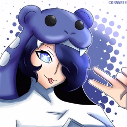 Size: 4000x4000 | Tagged: safe, artist:c0rnnnnnn, fictional species, spheal, humanoid, digimon, nintendo, pokémon, 2023, :p, abstract background, blue hair, bust, clothes, female, fusion, gesture, hair, hat, headwear, peace sign, sistermon ciel, smiling, solo, solo female, starry eyes, tongue, tongue out, wingding eyes