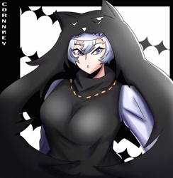 Size: 3824x3912 | Tagged: safe, artist:c0rnnnnnn, fictional species, humanoid, digimon, 2023, abstract background, alternate design, big breasts, breasts, bust, clothes, female, hat, headwear, signature, sistermon noir, smiling, solo, solo female, wingding eyes