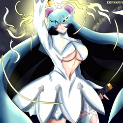 Size: 4000x4000 | Tagged: safe, artist:c0rnnnnnn, fictional species, humanoid, digimon, 2023, bottomwear, breasts, cleavage, clothes, female, hat, headwear, legwear, midriff, raised arm, sistermon ciel (awake), skirt, smiling, solo, solo female, stockings, sword, torn clothes, weapon