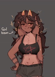Size: 2935x4096 | Tagged: safe, artist:bleatbrew, bovid, goat, mammal, anthro, clothes, female, horns, jean shorts, solo, solo female, tank top, topwear