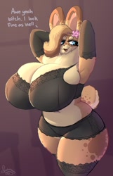 Size: 634x986 | Tagged: safe, artist:shakotanbunny, oc, oc:hazel (shakotanbunny), lagomorph, mammal, rabbit, anthro, arms behind head, bra, breasts, clothes, dialogue, female, flower, flower in hair, fluff, hair, hair accessory, huge breasts, neck fluff, panties, plant, solo, solo female, tail, talking, thick thighs, thighs, underwear, vulgar, wide hips