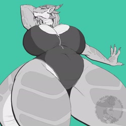 Size: 1920x1920 | Tagged: safe, artist:tuzzleton, dragonborn, fictional species, reptile, anthro, dungeons & dragons, 1:1, 2024, arm behind head, bottom view, breasts, cleavage, clothes, female, horns, huge breasts, one-piece swimsuit, scales, solo, solo female, swimsuit, tail, thick thighs, thighs, wide hips