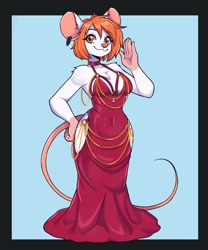 Size: 1500x1800 | Tagged: safe, artist:artkett1412, oc, oc only, mammal, mouse, rodent, anthro, 2024, big breasts, bottomwear, breasts, clothes, dress, female, fishtail dress meme, fur, hair, mouse tail, orange eyes, orange hair, smiling, solo, solo female, tail, thick thighs, thighs, white body, white fur, wide hips