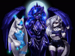 Size: 3018x2260 | Tagged: suggestive, artist:polnocnykot, loona (vivzmind), nightmare moon (mlp), princess luna (mlp), alicorn, canine, equine, fictional species, hellhound, lunaris, mammal, pony, anthro, friendship is magic, hasbro, hazbin hotel, helluva boss, my little pony, palworld, 2024, absolute cleavage, adorasexy, belly, belly button, big butt, black nose, blue eyes, bodysuit, bottomwear, breasts, bust, butt, chains, cheek fluff, chest fluff, choker, cleavage, clothes, collar, colored sclera, crescent moon, crop top, crossed arms, crossover, crown, cute, digital art, dress, ear piercing, ears, emerald, evening, evening dress, evening gloves, eyebrows, eyelashes, eyeshadow, feathered wings, feathers, featureless breasts, featureless crotch, female, females only, fetish, fishtail dress meme, fluff, fur, gloves, glowing, gray body, gray fur, group, hair, headwear, horn, huge breasts, huge butt, jewelry, legwear, leotard, lidded eyes, long gloves, looking at you, makeup, mare, moon, night, panties, pants, piercing, pose, red sclera, regalia, ripped clothes, ripped pants, ripped stockings, seductive, seductive eyes, seductive look, seductive pose, sexy, short shorts, shorts, smiling, smiling at you, smug, smug face, socks, spiked choker, spiked collar, spikes, spread wings, standing, stars, stockings, swimsuit, tail, tail fluff, teeth, thick, thick thighs, thigh highs, thighs, thunder thighs, tight clothing, topwear, torn clothes, torn ear, trio, trio female, underwear, wide hips, wings