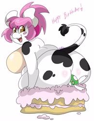 Size: 3171x4096 | Tagged: suggestive, artist:nsfwimaranx, bovid, cattle, cow, mammal, big breasts, big butt, blushing, breasts, butt, butt focus, cake, dominant, dominant female, facesitting, female, food, humiliation, open mouth, submissive, text, underbutt