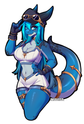 Size: 1353x1985 | Tagged: safe, artist:teranen, oc, oc only, fictional species, kobold, reptile, anthro, 2024, belly button, big breasts, blue body, blue eyes, blue tail, bottomwear, breasts, cleavage, clothes, crop top, female, fingerless gloves, gloves, goggles, goggles on head, hat, headwear, horns, shorts, solo, solo female, tail, thick thighs, thighs, topwear, wide hips