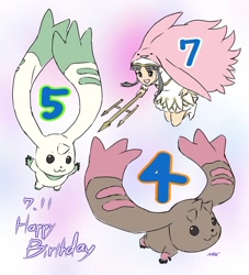 Size: 1274x1401 | Tagged: safe, artist:mas_square, fictional species, lopmon, terriermon, feral, humanoid, digimon, 2022, :d, abstract background, birthday, bottomwear, clothes, female, group, hat, headwear, signature, sistermon blanc, skirt, smiling, text, trident, trio