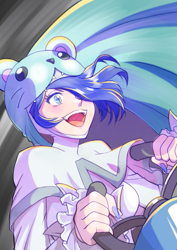 Size: 595x842 | Tagged: safe, artist:vfcou, fictional species, humanoid, digimon, 2021, :d, abstract background, blue eyes, blue hair, bust, clothes, driving, eyelashes, female, hair, hair over one eye, hat, headwear, kart, sistermon ciel, smiling, solo, solo female, wingding eyes