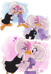 Size: 1280x1854 | Tagged: suggestive, artist:soup-du-silence, lena (ducktales), webby vanderquack (ducktales), bird, duck, mammal, waterfowl, anthro, disney, ducktales, ducktales (2017), beak, blushing, bow, clothes, confession, digital art, duo, duo female, eyelashes, eyes closed, fanart, feathers, female, female/female, females only, hair accessory, hairstyle, kissing, leaning forward, lgbt, pride, sapphic, shipping, shipping fuel, suggestive gesture, surprise kiss, surprised, webbed feet, weblena (ducktales), white feathers, wide eyes