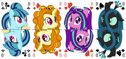Size: 6400x3000 | Tagged: safe, artist:parclytaxel, adagio dazzle (mlp), aria blaze (mlp), queen chrysalis (mlp), sonata dusk (mlp), arthropod, changeling, changeling queen, earth pony, equine, fictional species, mammal, pegasus, pony, unicorn, feral, equestria girls, friendship is magic, hasbro, my little pony, absurd resolution, card, female, females only, group, headshot, looking at you, mare, playing card, simple background, smiling, smiling at you, taco, tarot card, the dazzlings (mlp), white background