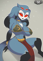 Size: 1620x2274 | Tagged: suggestive, artist:knightmnlight98, stolas (vivzmind), bird, bird of prey, demon, fictional species, owl, anthro, hazbin hotel, helluva boss, star wars, 2024, bedroom eyes, big breasts, bikini, bikini top, bracelet, breasts, clothes, cosplay, feathers, female, jewelry, loincloth, multiple eyes, necklace, princess leia (star wars), red eyes, rule 63, sitting, skimpy, slave leia outfit, smiling, solo, solo female, swimsuit, tail, tail feathers