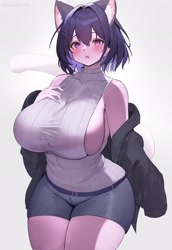 Size: 1412x2048 | Tagged: safe, artist:kakuteki11029, cat, feline, mammal, anthro, big breasts, blushing, bottomwear, breasts, clothes, female, jacket, looking at you, open mouth, short shorts, shorts, sideboob, simple background, solo, solo female, topwear