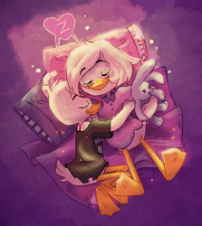 Size: 1280x1433 | Tagged: safe, artist:soup-du-silence, lena (ducktales), webby vanderquack (ducktales), bird, duck, waterfowl, anthro, disney, ducktales, ducktales (2017), beak, big smile, clothes, duo, duo female, eyes closed, female, females only, hair, hair over one eye, hug, pillow, plushie, shipping, shipping fuel, sleeping, smiling, toy, webbed feet, weblena (ducktales)