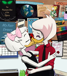 Size: 2048x2308 | Tagged: safe, artist:astrodances, lena (ducktales), webby vanderquack (ducktales), bird, duck, mammal, waterfowl, anthro, disney, ducktales, ducktales (2017), beak, clothes, cute, duo, duo female, dyed hair, eyelashes, eyes closed, eyeshadow, female, females only, hair, hair accessory, hairstyle, kissing, makeup, older, shipper on deck, shipping, shipping fuel, weblena (ducktales)