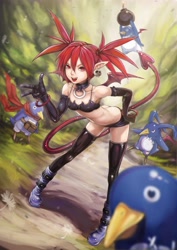 Size: 3508x4961 | Tagged: safe, artist:prinzkuon, demon, fictional species, humanoid, disgaea, 2014, absurd resolution, beak, bomb, clothes, etna (disgaea), evening gloves, female, gesture, gloves, hair, high res, laharl (disgaea), latex, latex gloves, latex stockings, legwear, long gloves, nippon ichi software, open mouth, peace sign, pointy ears, prinny, red eyes, scarf, stockings, tail, trail, twintails, wings