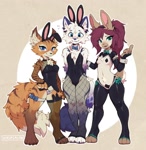 Size: 1727x1772 | Tagged: safe, artist:waspsalad, canine, cat, feline, fox, lagomorph, mammal, rabbit, anthro, 2024, blue eyes, breasts, brown hair, bunny suit, chest fluff, clothes, commission, cream body, cream fur, ears, female, fishnet, fishnet stockings, fluff, fur, green eyes, group, hair, legwear, looking at you, male, nipple tape, orange body, orange fur, panties, paws, reverse bunny suit, see-through, small breasts, stockings, tail, trio, underwear, white body, white fur, ych result