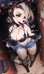 Size: 1217x2048 | Tagged: suggestive, artist:o0eureka0o, loona (vivzmind), canine, fictional species, hellhound, mammal, anthro, hazbin hotel, helluva boss, 2024, absolute cleavage, bedroom eyes, big breasts, bikini, black sclera, blushing, boots, bottomwear, breasts, cleavage, clothes, collar, colored sclera, ear piercing, eyebrow piercing, female, footwear, jewelry, legwear, looking at you, midriff, necklace, outdoors, piercing, shoes, short shorts, shorts, solo, solo female, stockings, swimsuit, tongue, tongue out, torn clothes, undressing