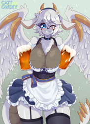 Size: 1644x2242 | Tagged: suggestive, artist:cattowsky, oc, oc only, dragon, fictional species, anthro, 2024, alcohol, beer, beer mug, belly button, bottomwear, breasts, clothes, commission, digital art, dragon wings, dragoness, dress, drink, ears, eyelashes, female, hair, huge breasts, legwear, oktoberfest, pose, scales, simple background, solo, solo female, stockings, tail, thighs, wide hips