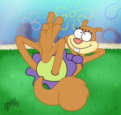Size: 1280x1213 | Tagged: suggestive, artist:marshall-fox, sandy cheeks (spongebob), mammal, rodent, squirrel, nickelodeon, spongebob squarepants (series), bottomwear, bra, clothes, feet together, female, fetish, foot fetish, foot focus, panties, relaxing, skimpy outfit, skirt, smiling, toes, underwear, upskirt