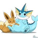 Size: 960x960 | Tagged: safe, artist:tontaro, eevee, eeveelution, fictional species, mammal, vaporeon, feral, nintendo, pokémon, 2024, 2d, 2d animation, ambiguous gender, ambiguous only, animated, black nose, digital art, duo, duo ambiguous, ears, eyes closed, fins, fluff, fur, gif, neck fluff, playing, simple background, slightly chubby, tail, tail fin, thighs, white background