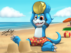 Size: 1280x960 | Tagged: safe, artist:lutharieotterdreamer, fictional species, veemon, digimon, 3 toes, ball, beach, beach ball, blue body, bucket, claws, open mouth, open smile, outdoors, red eyes, sand, sand castle, smiling, solo, toe claws, toes