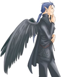 Size: 356x450 | Tagged: safe, artist:葉, animal humanoid, bird, corvid, fictional species, laguz, mammal, raven, songbird, humanoid, fire emblem, nintendo, 2007, low res, male, naesala (fire emblem), pointy ears, solo, solo male, winged humanoid, wings