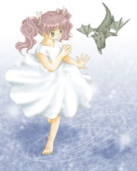 Size: 360x450 | Tagged: safe, artist:葉, dragon, fictional species, human, mammal, feral, 2007, ambiguous gender, anime, barefoot, duo, female, low res