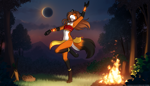 Size: 2240x1280 | Tagged: safe, artist:twokinds, laura (twokinds), canine, fictional species, fox, keidran, mammal, anthro, twokinds, 2024, anklet, arrow, black body, black fur, bow (weapon), brown hair, campfire, clothes, dancing, digital art, ears, eyes closed, female, fire, fur, gloves (arm marking), hair, jewelry, loincloth, necklace, orange body, orange fur, outdoors, paws, quiver, socks (leg marking), solar eclipse, solo, solo female, tail, topwear, weapon, white body, white fur
