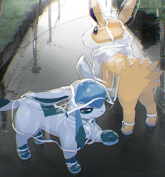 Size: 800x854 | Tagged: safe, artist:cco00oo, eeveelution, fictional species, glaceon, jolteon, mammal, feral, nintendo, pokémon, 2024, 2d, ambiguous gender, ambiguous only, back marking, behaving like a dog, blue body, blue fur, blue sclera, blue tail, body markings, butt, butt fluff, chromatic aberration, clothed feral, clothes, colored sclera, detailed background, digital art, duo, duo ambiguous, ear fluff, ears, fluff, fur, grass, head fluff, high angle, long ears, neck fluff, one leg raised, outdoors, paws, rain, raincoat, raised leg, rear view, side view, signature, socks (leg marking), standing, tail, thighs, three-quarter view, water, white body, white fur, yellow body, yellow fur