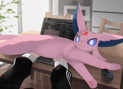 Size: 900x650 | Tagged: safe, artist:cco00oo, eeveelution, espeon, fictional species, mammal, feral, nintendo, pokémon, 2024, 2d, ambiguous gender, ambiguous only, behaving like a cat, big ears, black clothing, casual nudity, chair, cheek fluff, chromatic aberration, clothed/nude, clothes, colored sclera, complete nudity, computer mouse, detailed background, digital art, duo, duo ambiguous, ears, fluff, fur, human pov, indoors, laptop, lidded eyes, long ears, looking at you, lying down, nudity, offscreen character, offscreen human, paw pads, paws, plant, pointy ears, pov, purple body, purple fur, purple sclera, signature, solo focus, table, tail, thighs, underpaw
