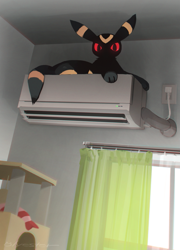 Size: 649x900 | Tagged: safe, artist:cco00oo, eeveelution, fictional species, mammal, umbreon, feral, nintendo, pokémon, 2024, 2d, air conditioner, ambiguous gender, behaving like a cat, black body, black ears, black fur, black tail, body markings, casual nudity, colored sclera, complete nudity, curtain, detailed background, digital art, ears, fluff, fur, fur markings, head marking, indoors, long ears, low angle, lying down, multicolored body, multicolored fur, neck fluff, nudity, paws, red eyes, red sclera, signature, solo, solo ambiguous, tail, tail marking, thighs, two toned body, two toned fur, window
