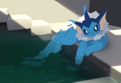 Size: 850x584 | Tagged: safe, artist:cco00oo, eeveelution, fictional species, mammal, vaporeon, feral, nintendo, pokémon, 2024, 2d, ambiguous gender, backrooms, big tail, blue eyes, blue tail, casual nudity, colored pupils, complete nudity, cute, detailed background, digital art, ears, fins, fish tail, front view, indoors, light blue body, long tail, looking at you, lying down, nudity, partially submerged, paws, pool, signature, solo, solo ambiguous, stairs, swimming pool, tail, tail fin, thighs, water, white pupils