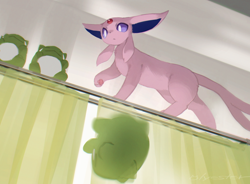 Size: 850x626 | Tagged: safe, artist:cco00oo, eeveelution, espeon, fictional species, mammal, feral, nintendo, pokémon, 2024, 2d, ambiguous gender, behaving like a cat, big ears, casual nudity, cheek fluff, climbing, colored pupils, colored sclera, complete nudity, curtains, cute, detailed background, digital art, ears, fluff, fur, indoors, long ears, low angle, nudity, paw pads, paws, pink paw pads, plushie, pointy ears, purple body, purple fur, purple sclera, signature, solo, solo ambiguous, tail, thighs, toy, underpaw, walking, white pupils, window