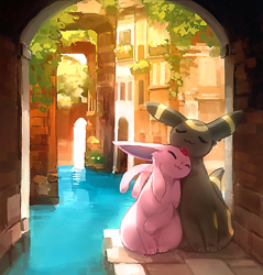 Size: 862x900 | Tagged: safe, artist:cco00oo, eeveelution, espeon, fictional species, mammal, umbreon, feral, nintendo, pokémon, 2020, 2d, ambiguous gender, ambiguous only, behaving like a cat, black body, black ears, black fur, black tail, body markings, building, casual nudity, cheek fluff, closed mouth, closed smile, complete nudity, cuddling, cute, detailed background, digital art, duo, duo ambiguous, ear fluff, ear markings, ears, eyes closed, fluff, front view, fur, happy, head marking, hug, leg markings, long ears, nudity, nuzzling, one leg raised, plant, pointy ears, raised leg, river, sitting, smiling, tail, tail marking, thigh markings, thighs, water