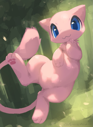 Size: 657x900 | Tagged: safe, artist:cco00oo, fictional species, legendary pokémon, mew, mythical pokémon, feral, nintendo, pokémon, 2024, 2d, :3, ambiguous gender, belly, blue eyes, casual nudity, closed mouth, closed smile, complete nudity, cute, detailed background, digital art, ears, fluff, flying, front view, fur, happy, long tail, looking at you, neck fluff, nudity, outdoors, paw pads, paws, pink body, pink fur, pink paw pads, pink tail, plant, pointy ears, signature, smiling, solo, solo ambiguous, tail, tail tuft, thighs, underpaw
