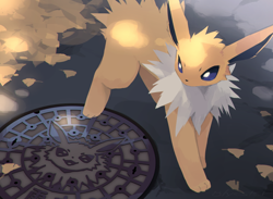 Size: 900x657 | Tagged: safe, artist:cco00oo, eeveelution, fictional species, jolteon, mammal, feral, nintendo, pokémon, 2024, 2d, ambiguous gender, butt fluff, casual nudity, complete nudity, detailed background, digital art, ears, fluff, fur, head fluff, high angle, long ears, manhole cover, multicolored body, multicolored fur, neck fluff, nudity, outdoors, paws, pile of leaves, signature, solo, solo ambiguous, thighs, two toned body, two toned fur, white body, white fur, yellow body, yellow fur