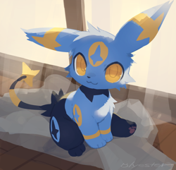 Size: 750x723 | Tagged: safe, artist:cco00oo, fictional species, shinx, feral, nintendo, pokémon, 2024, 2d, :3, ambiguous gender, black body, black fur, black tail, blue body, blue ears, blue fur, blue marking, body markings, butt fluff, casual nudity, cheek fluff, chest fluff, closed mouth, closed smile, colored pupils, complete nudity, cute, detailed background, digital art, ear fluff, ear markings, ears, fluff, front view, fur, happy, head fluff, head marking, high angle, leg markings, light blue body, long ears, looking at you, looking up, looking up at you, multicolored body, multicolored fur, multicolored tail, nudity, paw pads, paws, signature, sitting, smiling, smiling at you, solo, solo ambiguous, tail, tail marking, thigh markings, thighs, three-quarter view, two toned tail, underpaw, yellow body, yellow eyes, yellow fur, yellow marking, yellow pupils
